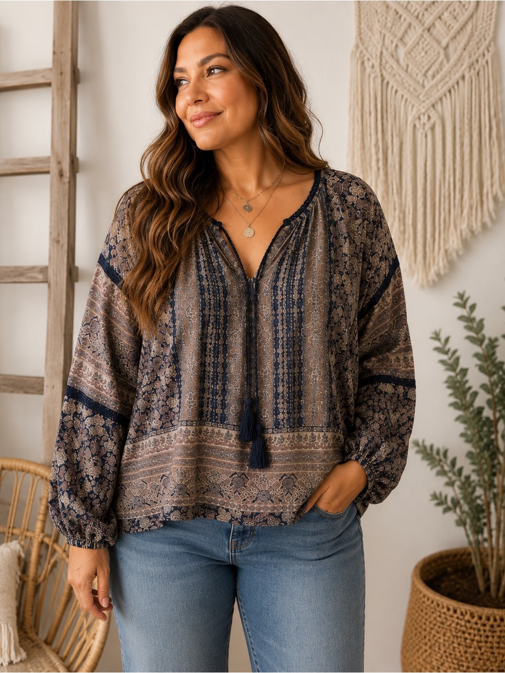 Lucky Brand Boho Paisley Tunic Blouse XL Long Sleeve Tassel Tie Top